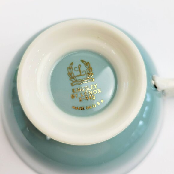 Lenox Kingsley Teacup & Saucer Teal Band Platinum Trim Floral Center c1954-79 - Picture 11 of 14